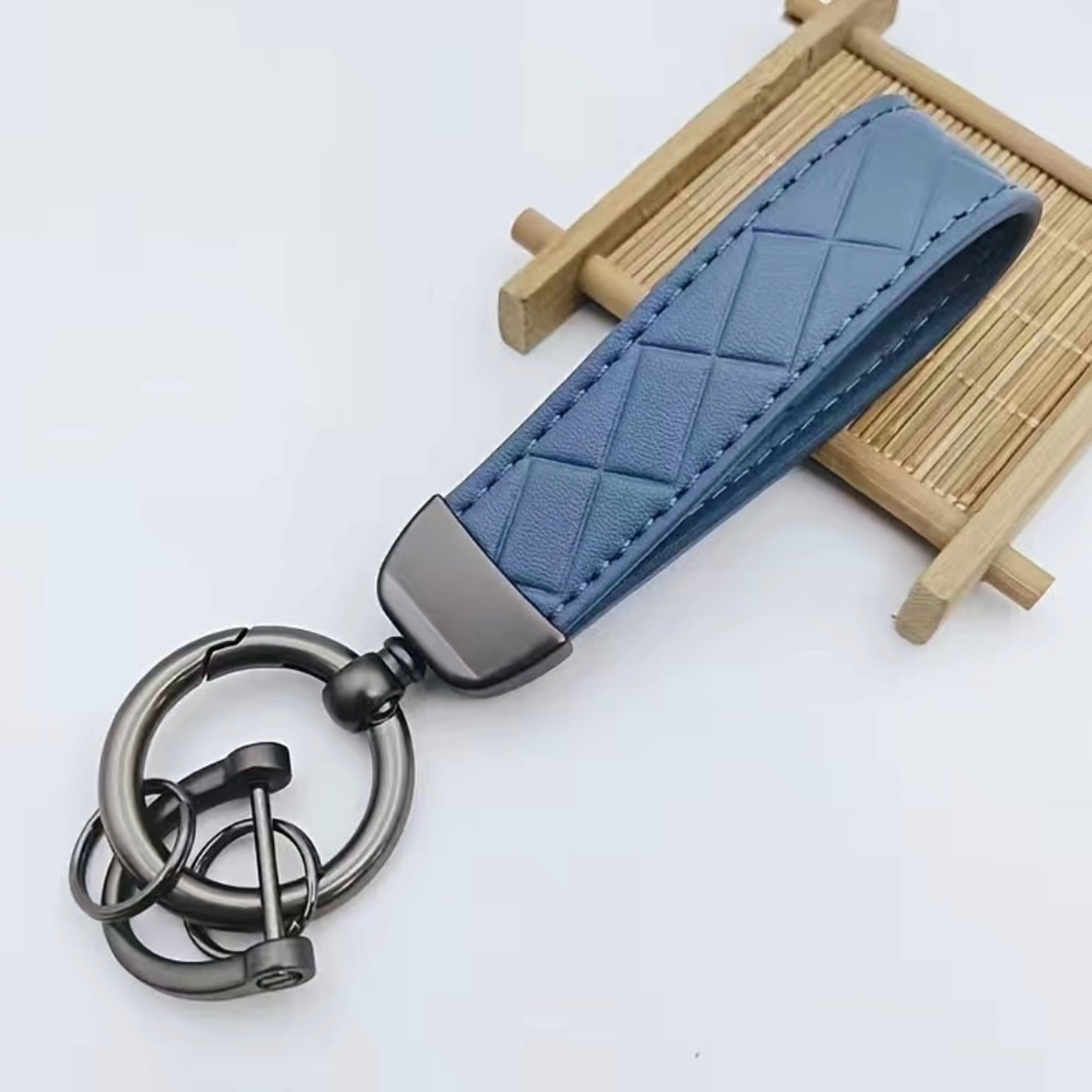 Leather Car Keychain, Car Automotive Key Chain With Anti-Lost D-Ring,BLUE